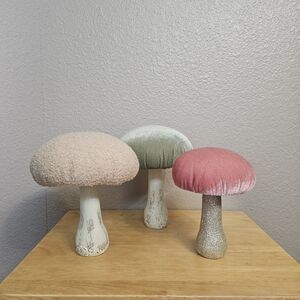 Set of 3 Velvet & Bouclé Mushroom Decor Sculptures | Cottagecore Woodland Shelf